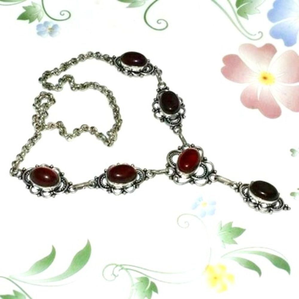 Womens Red Faux Onyx Silver Necklace